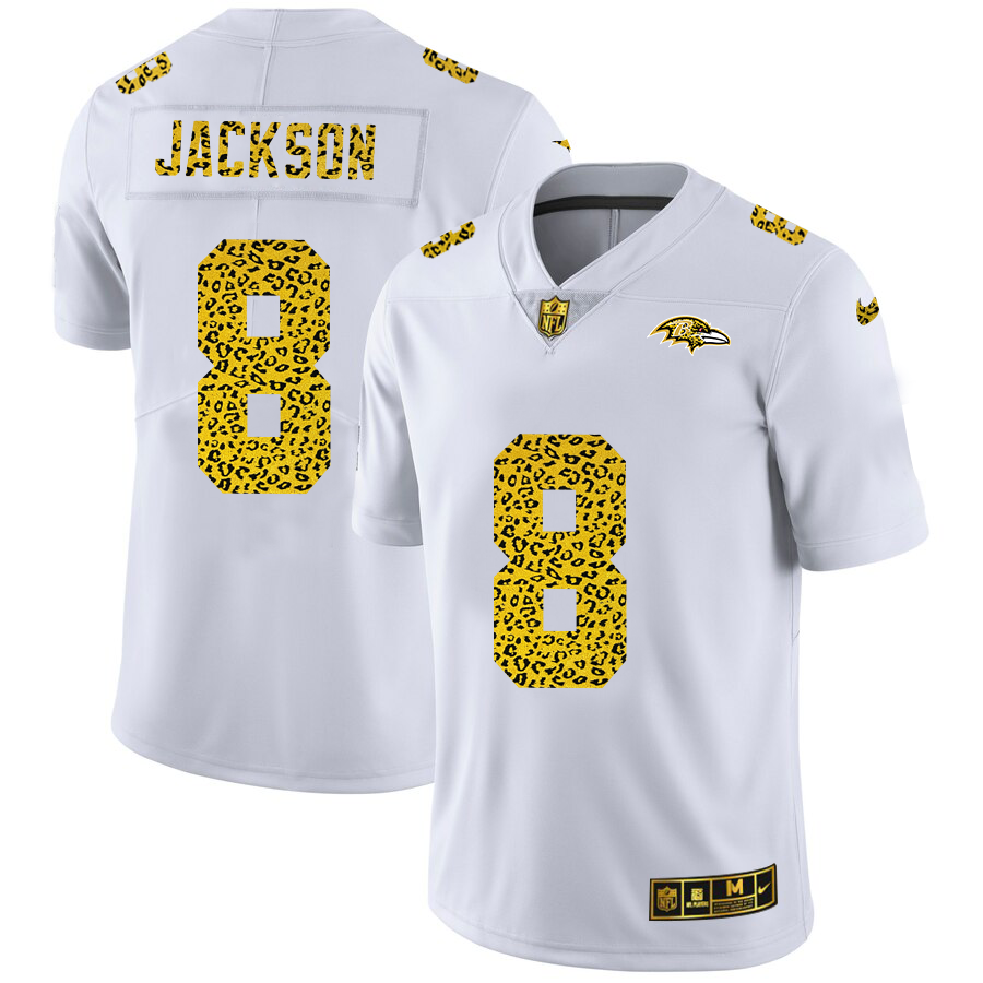 Baltimore Ravens #8 Lamar Jackson Men Nike Flocked Leopard Print Vapor Limited NFL Jersey White